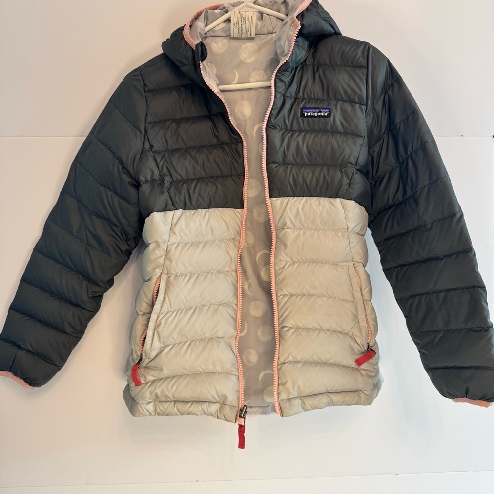 Patagonia Reversible Puffer Jacket Kids XL 14 Gray Colorblock Moon Polka Dot